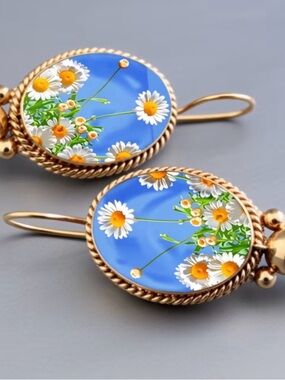 Gold-Tone Blue Floral Daisy Drop Earrings